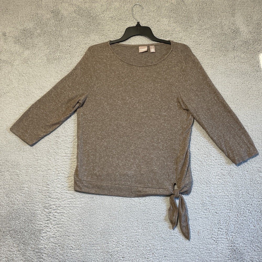 Chicos Brown Marled Knit Tie Front 3/4 Sleeve Casual Top Shirt Size 1